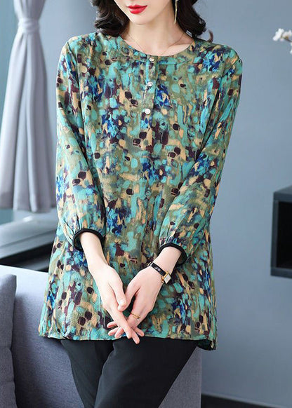 Green O Neck Print Patchwork Cotton Top Fall