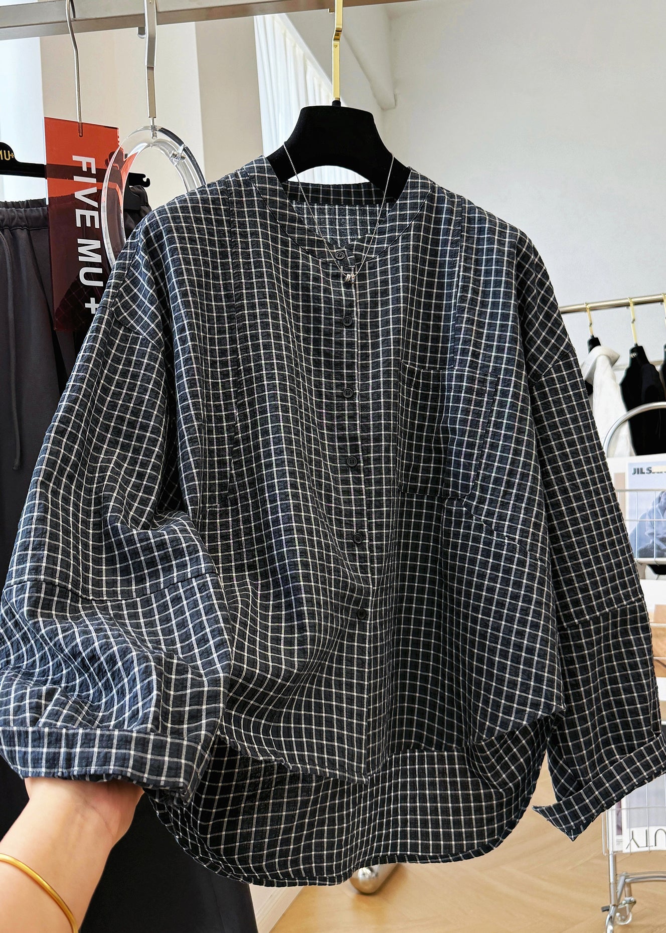 Black Plaid Stand Collar Pockets Cotton Shirt Top Fall