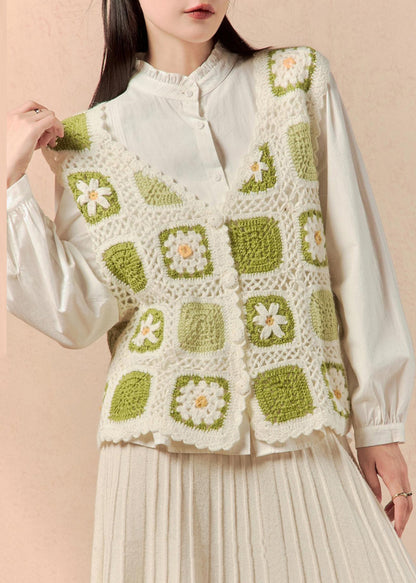 Green Button Hollow Out Knit Waistcoat Sleeveless