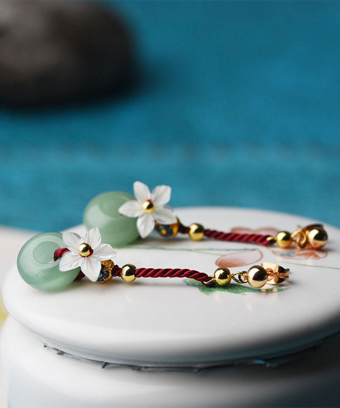 Green Shell Flower Jade 14k Gold Drop Earrings