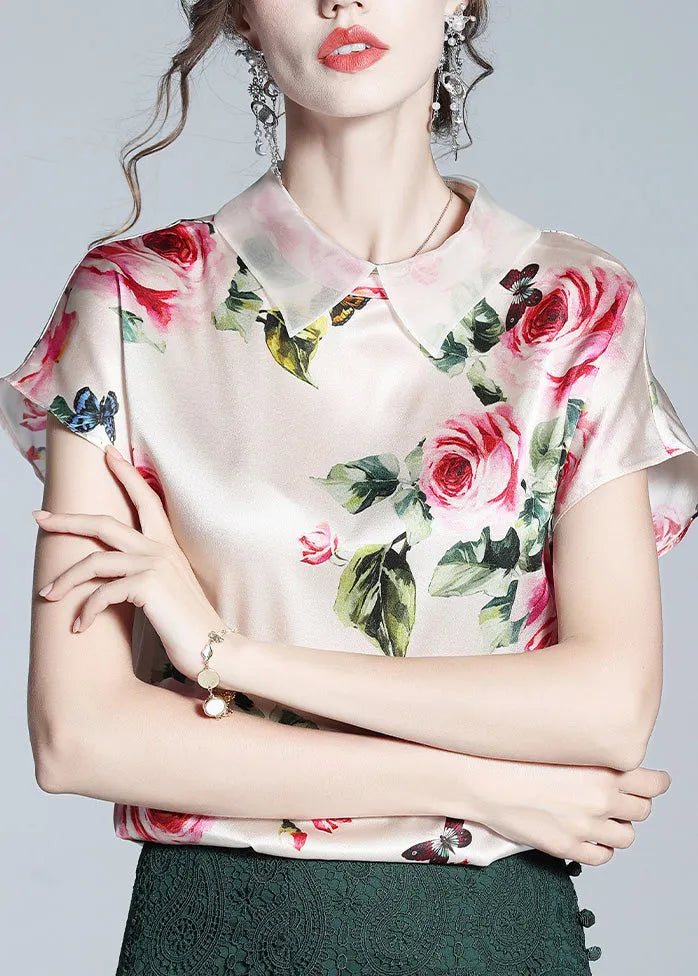 Italian Pink Peter Pan Collar Print Silk Tops Short Sleeve Summer