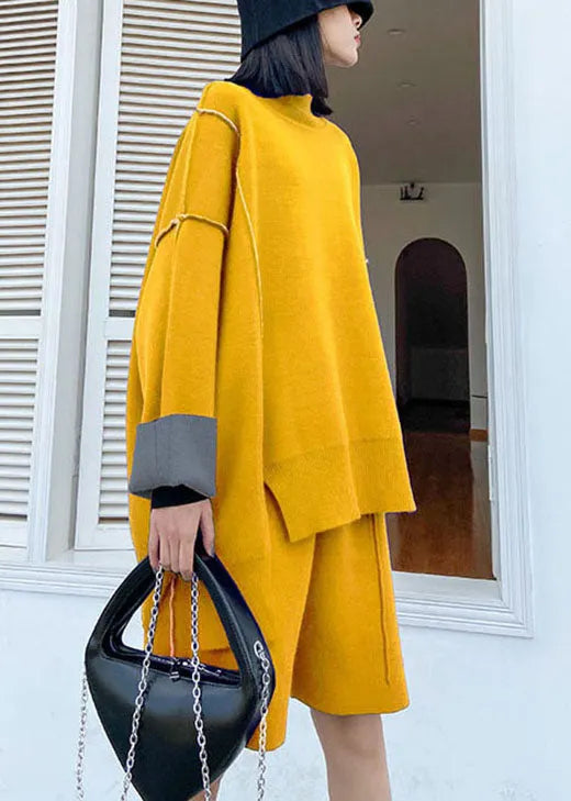 Yellow Turtleneck Knit Fall Two Piece Set