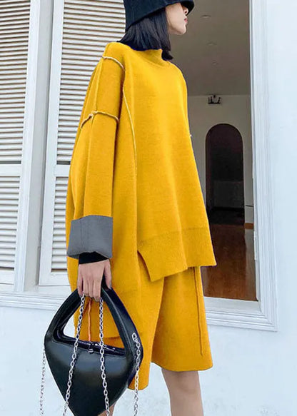 Yellow Turtleneck Knit Fall Two Piece Set