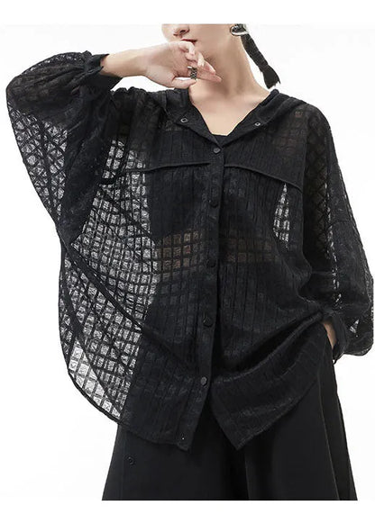 Loose Black Hollow Out Hooded Tulle Blouse Tops Batwing Sleeve