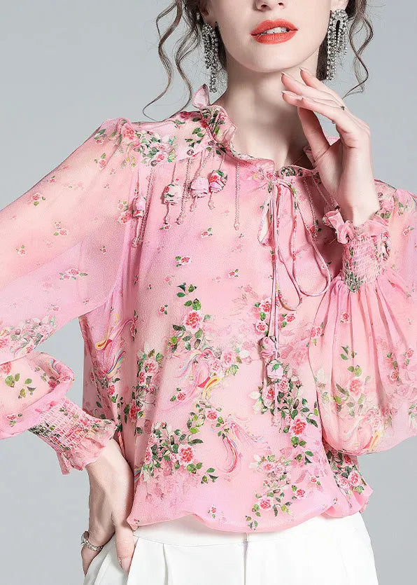 Pink Ruffled Print Tassel Neck Tiie Silk Shirt Long Sleeve Spring
