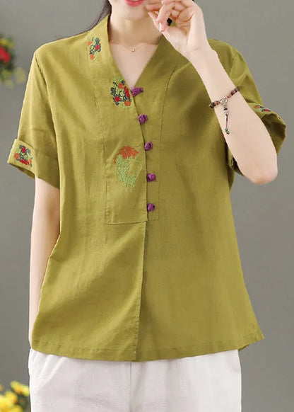 Yellow V Neck Embroideried Button Shirt Short Sleeve