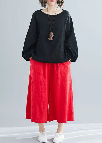 Black O Neck Wrinkled Patchwork Cotton Top Spring
