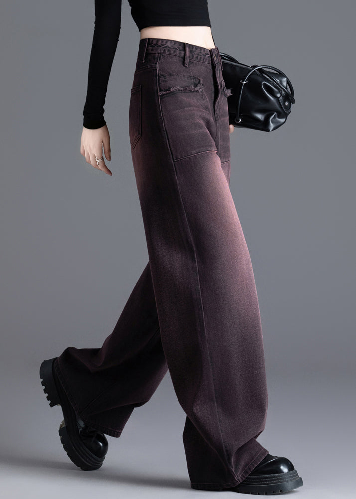 American Style Red Black High Waisted Warm Fleece Denim Wide Leg Pants Spring