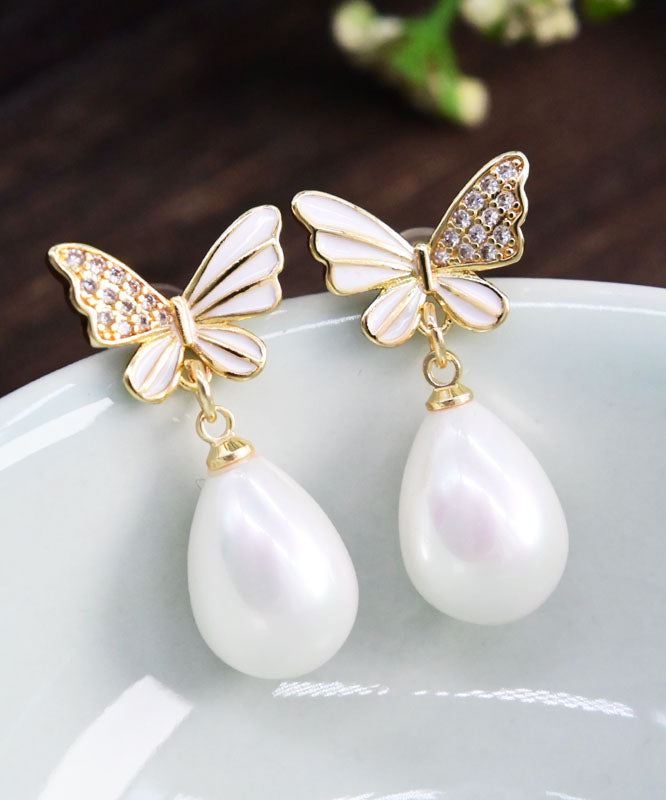 White Sterling Silver Zircon Butterfly Shell Water Drop Drop Earrings