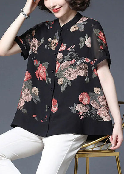 Black Stand Collar Button Wrinkled Print Chiffon Shirts Short Sleeve