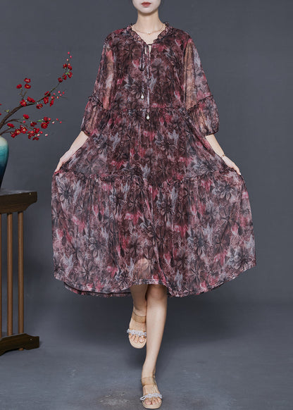 Red Ruffled Print Chiffon Vacation Dresses Summer