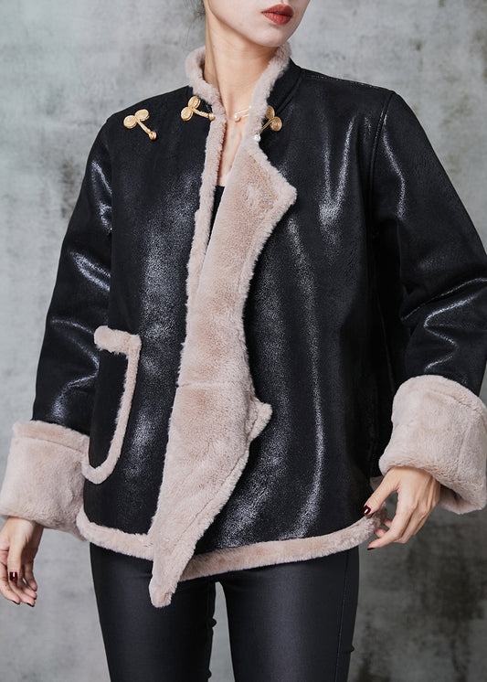 Art Black Mandarin Collar Warm Fleece Faux Suede Coats Spring