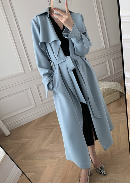 Boutique Blue Peter Pan Collar Pockets Trench Coats Long Sleeve Fall