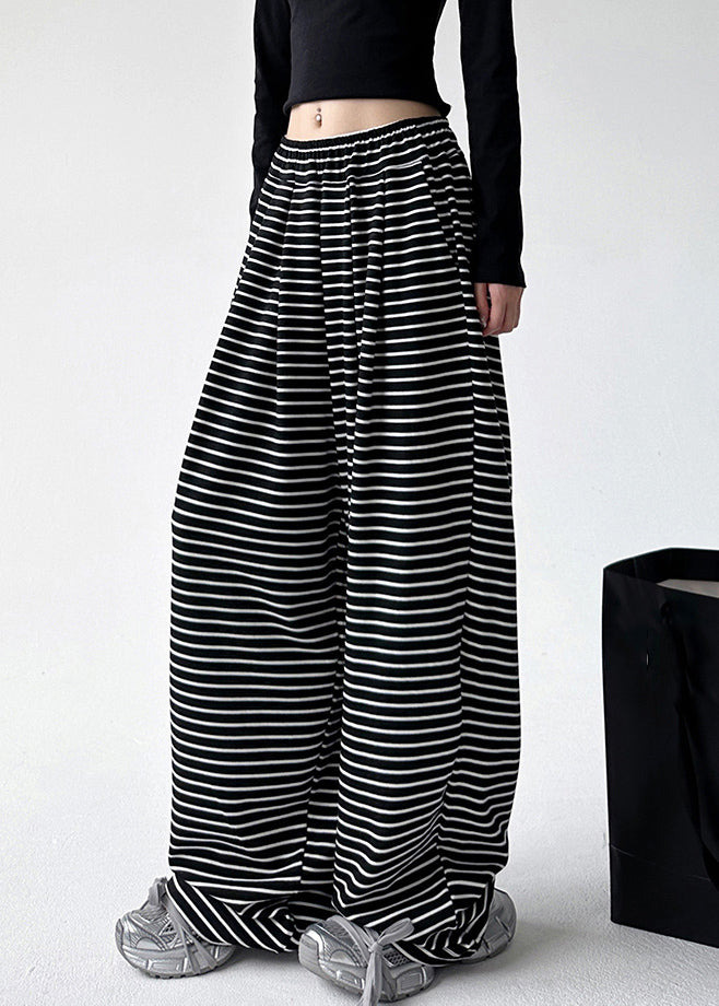 Black White Striped Elastic Waist Wide Leg Pants Spring