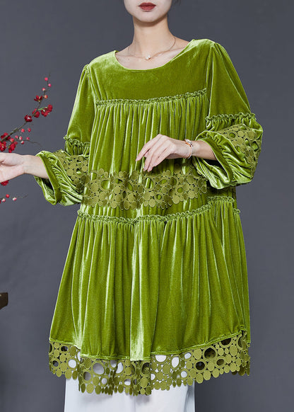 Handmade Grass Green Oversized Patchwork Silk Velour Dresses Spring