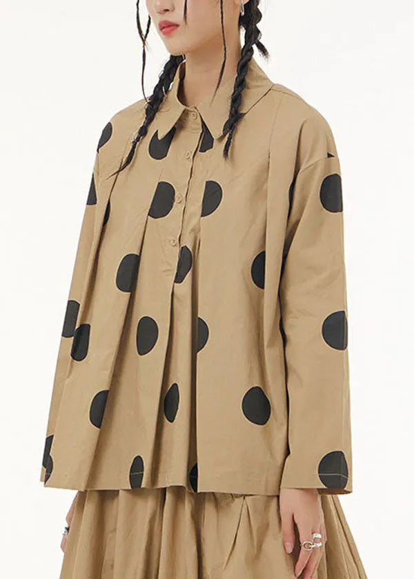 Khaki Peter Pan Collar Dot Print Patchwork Cotton Shirt Spring