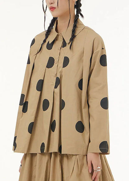 Khaki Peter Pan Collar Dot Print Patchwork Cotton Shirt Spring