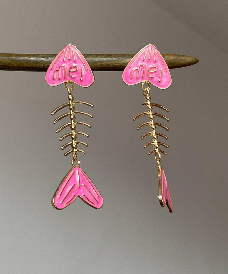 Unique Pink Alloy Drip Glaze Fish Bone Stud Earrings