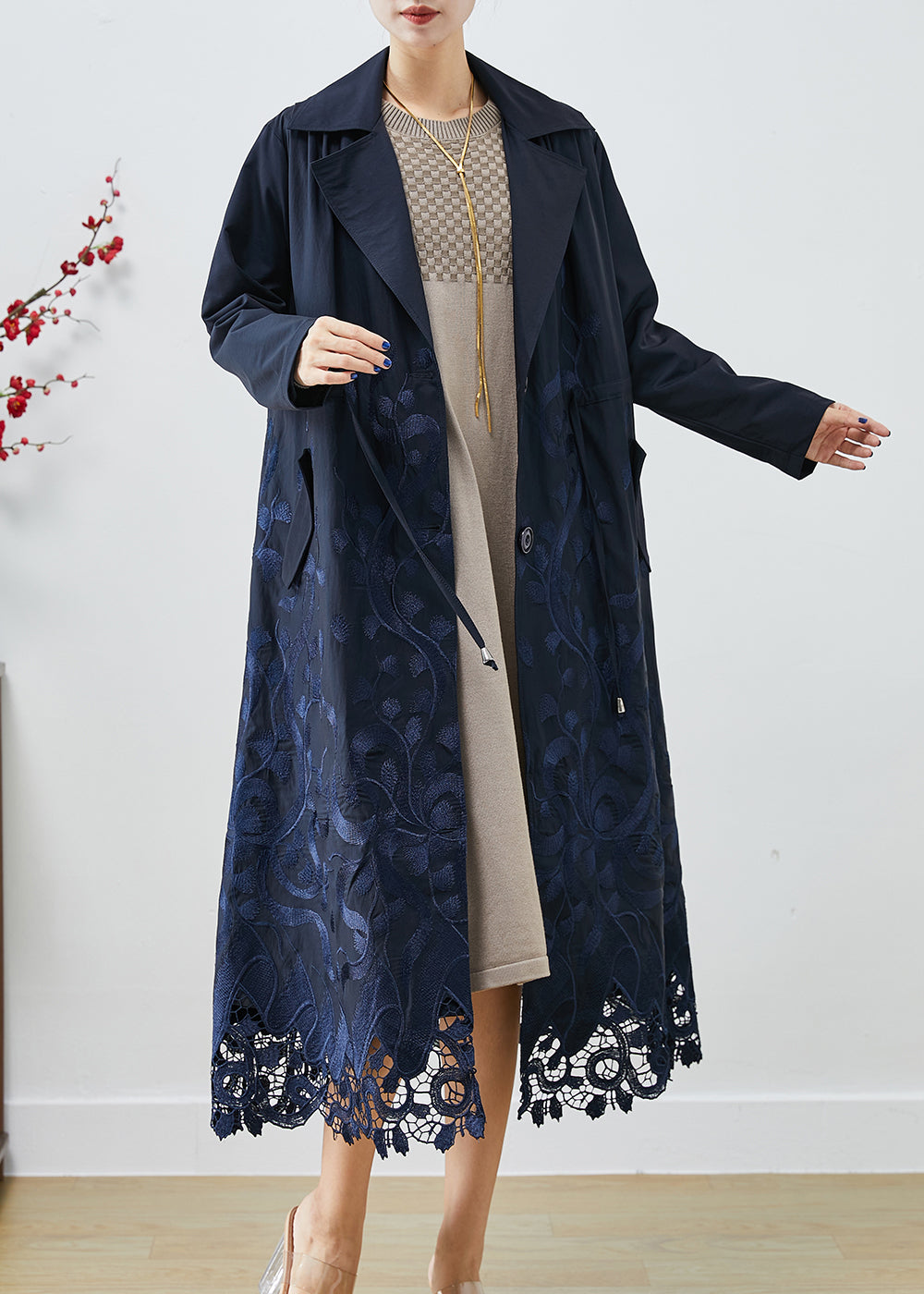 Navy Embroideried Tie Waist Spandex Trench Coats Fall