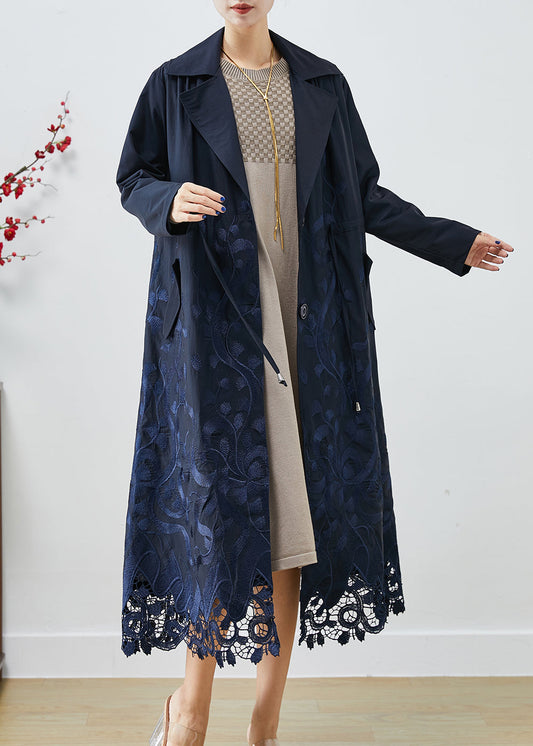 Navy Embroideried Tie Waist Spandex Trench Coats Fall