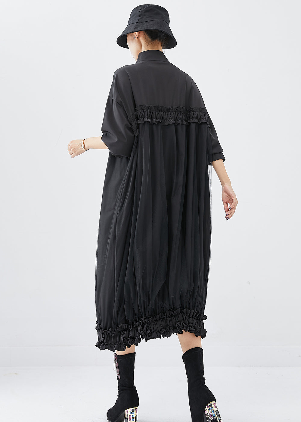 Diy Black Stand Collar Ruffled Cotton Vacation Dresses Fall