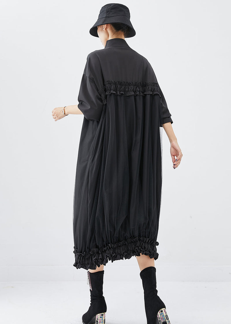 Diy Black Stand Collar Ruffled Cotton Vacation Dresses Fall