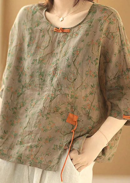 Grey Green O-neck Print Oriental Button Side Open Linen Shirt Top Short Sleeve