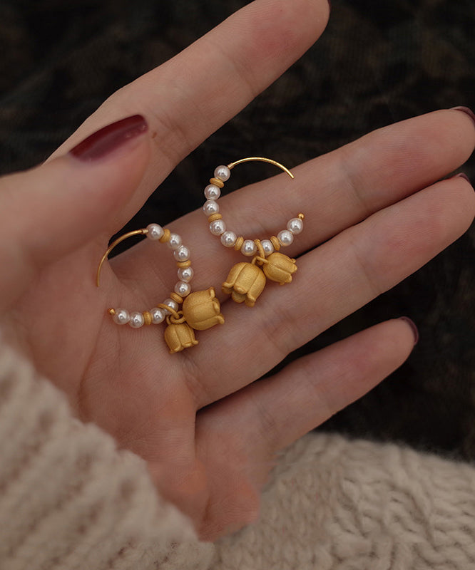 Pearl Patchwork Small Bell 14k Gold Hoop Earrings