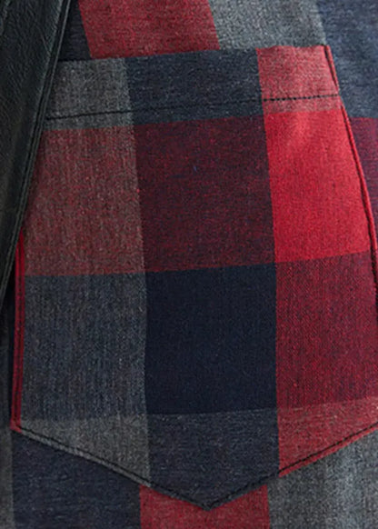 Red Pockets Peter Pan Collar Plaid Button Shirt Long Sleeve
