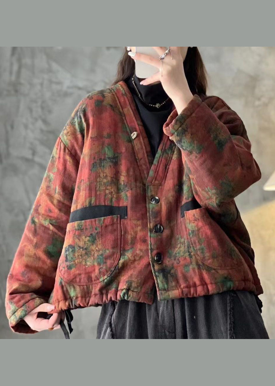 Green V Neck Pockets Print Fine Cotton Filled Jackets Spring