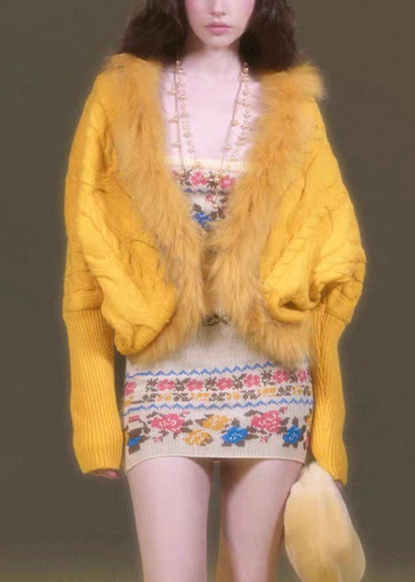 Purple Fur Collar Patchwork Cotton Knit Cardigans Lantern Sleeve