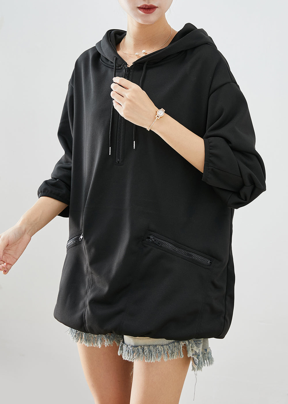Black Zip Up Hooded Oversized Cotton Sweatshirts Top Fall