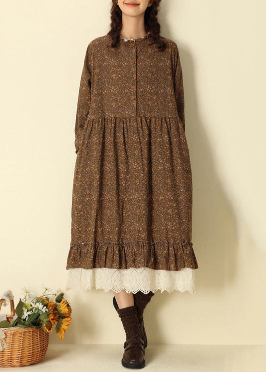 Coffee Ruffled Print Cotton Long Dresses Spring