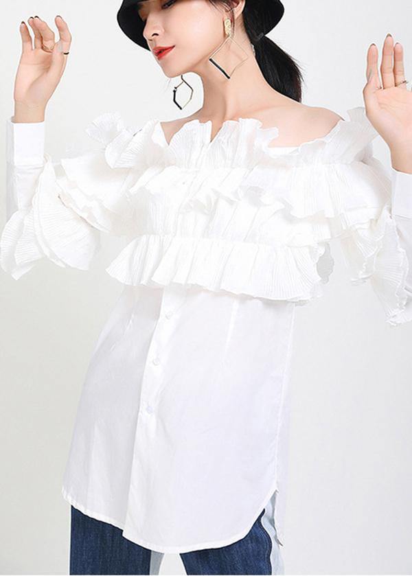 Fine White Cold Shoulder Slash Neck Long Sleeve Shirt Tops