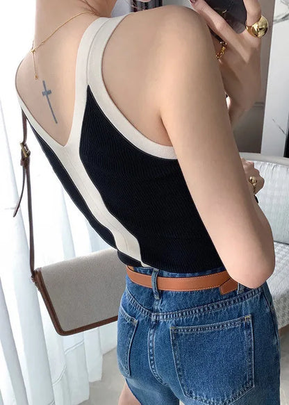 Loose Black V Neck Patchwork Knit Tanks Sleeveless