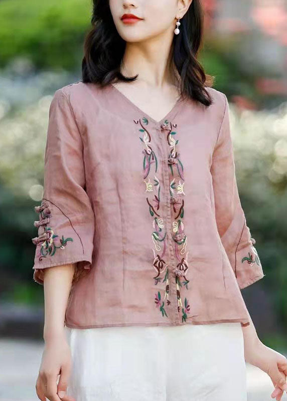 Pink Button Linen Shirt Tops Three Quarter Sleeve