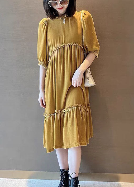 Yellow Ruffled Patchwork Velour Fall Half Sleeve Maxi Dresses