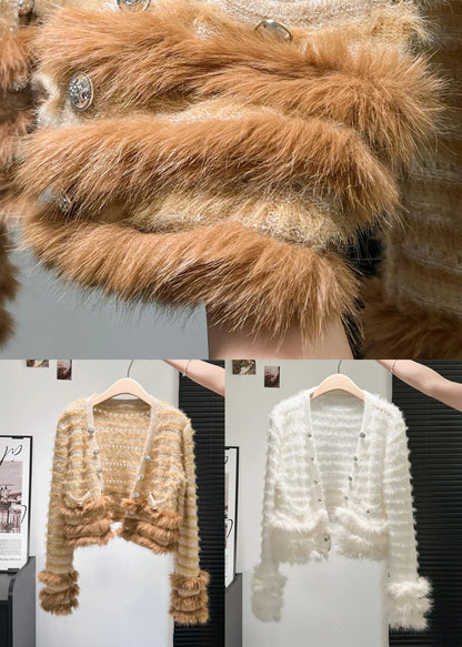 White Hollow Out Pockets Patchwork Knit Coat V Neck
