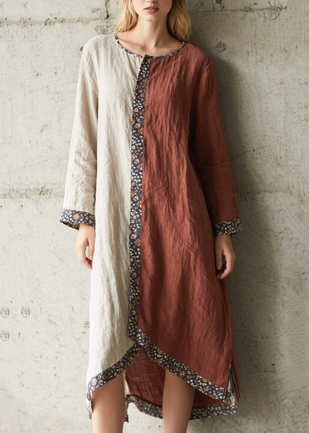 Colorblock Asymmetrical Patchwork Cotton Maxi Dresses Spring