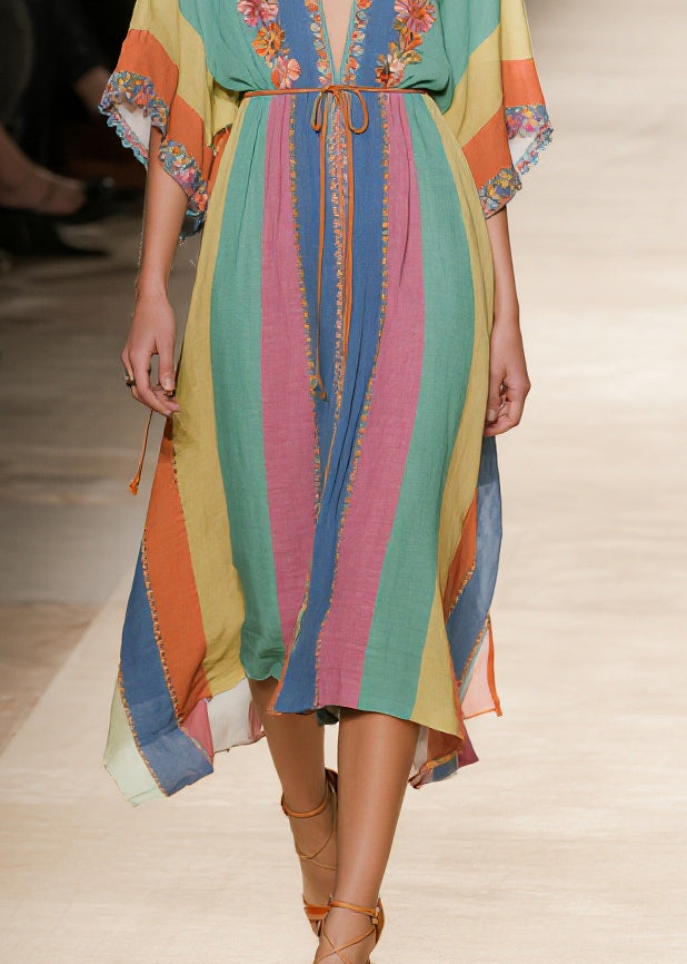Multicolored Striped Tie Waist Cotton Robe Dresses Summer