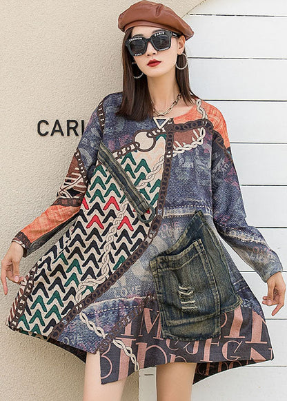 O-neck Patchwork Asymmetrical Design Print Fall Knit Long Sleeve Top