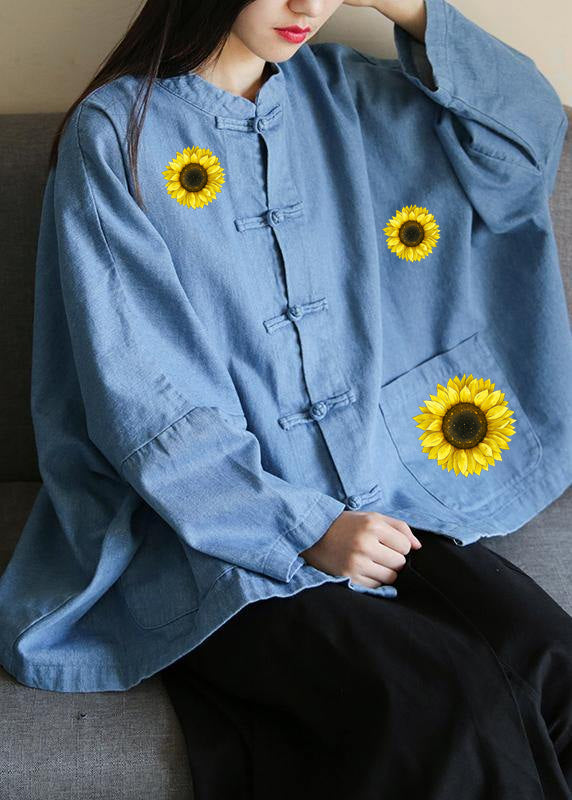 Loose Stand Collar Chinese Button Clothes for Sleeve Denim Light Blue Shirts