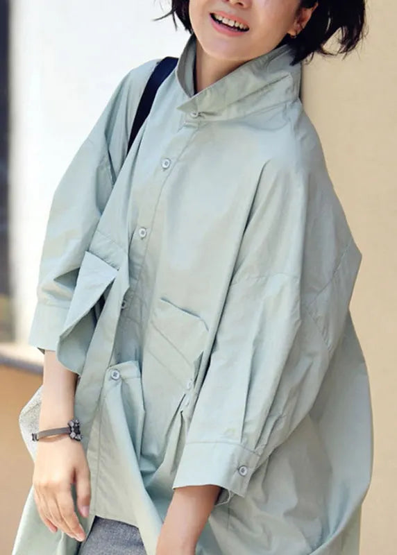 Cyan Green Colour Peter Pan Collar Button Pockets Cotton Shirt Long Sleeve