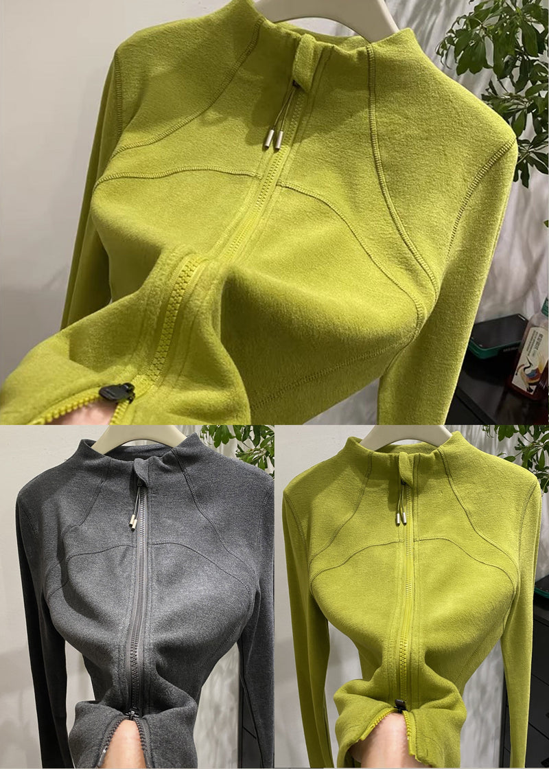 Dark Grey Velour Jackets Zip Up Stand Collar Spring