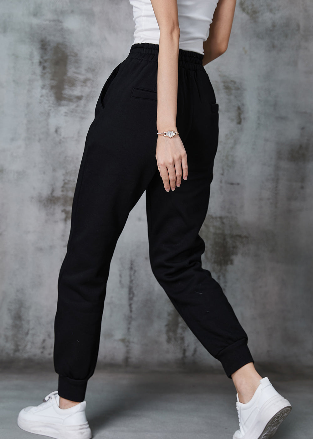 Black Metal Buttons Patchwork Warm Fleece Pants Winter