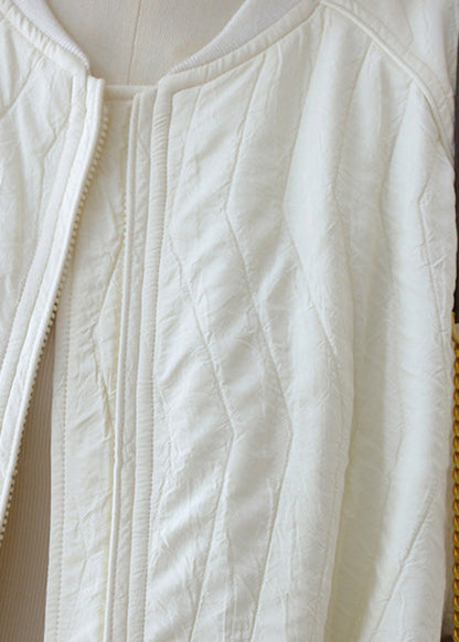 Beige Zip Up Drawstring Loose Cotton Jackets Lantern Sleeve