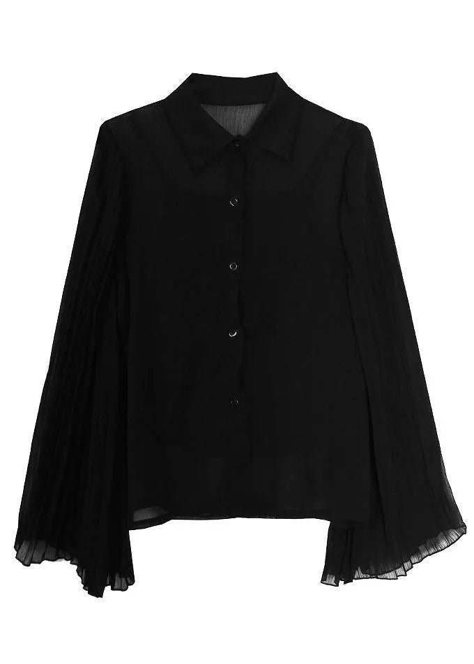 Fitted Black Peter Pan Collar Flare Sleeve Summer Shirt Top