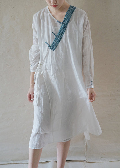Art White Button Tie Waist Asymmetrical Linen Long Dress Spring