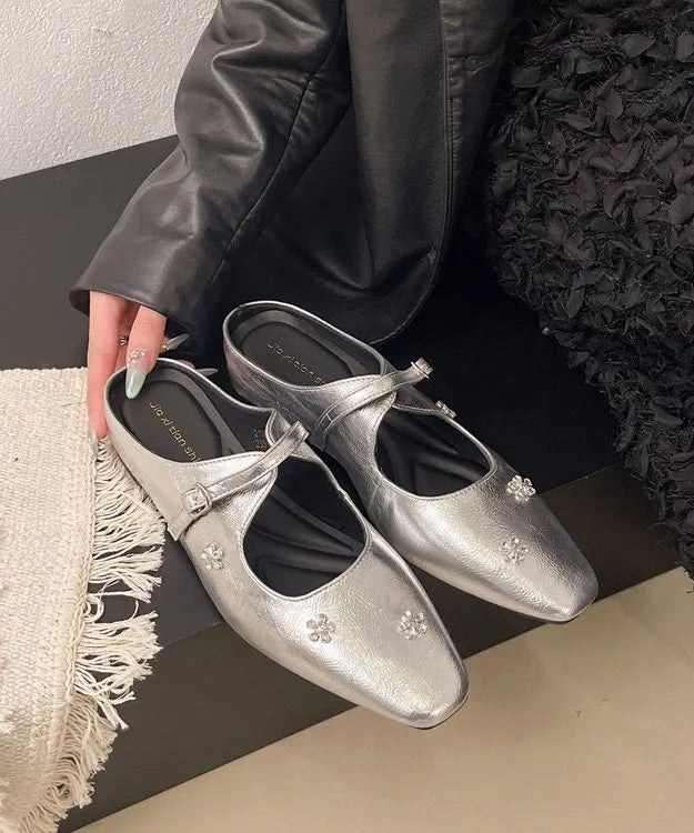 Splicing Silver Faux Leather Slide Sandals Zircon