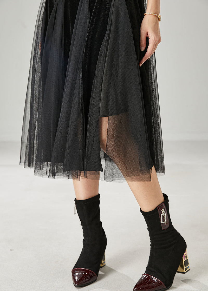 Black High Waist Patchwork Tulle Velour Dress Spring